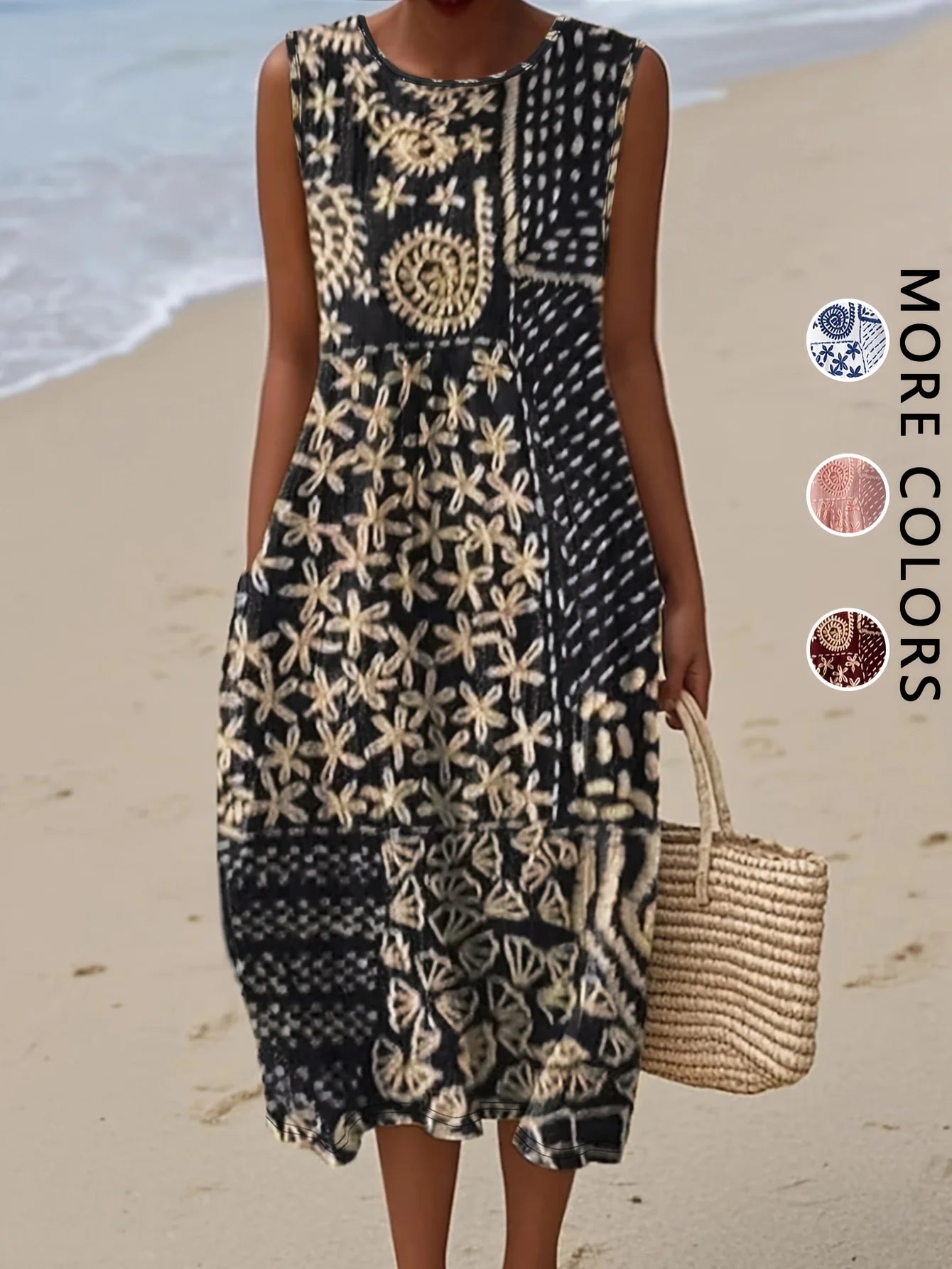Women's Sleeveless Boho Floral Midi Sundress with Pockets – Casual Loose-Fit Beach Dress