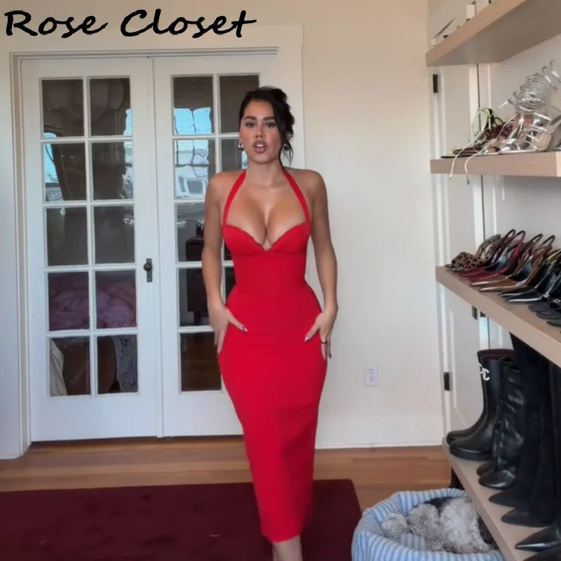 exy Halter Neck Midi Dress for Women – Adjustable Lace-Up Bodycon Evening Gown