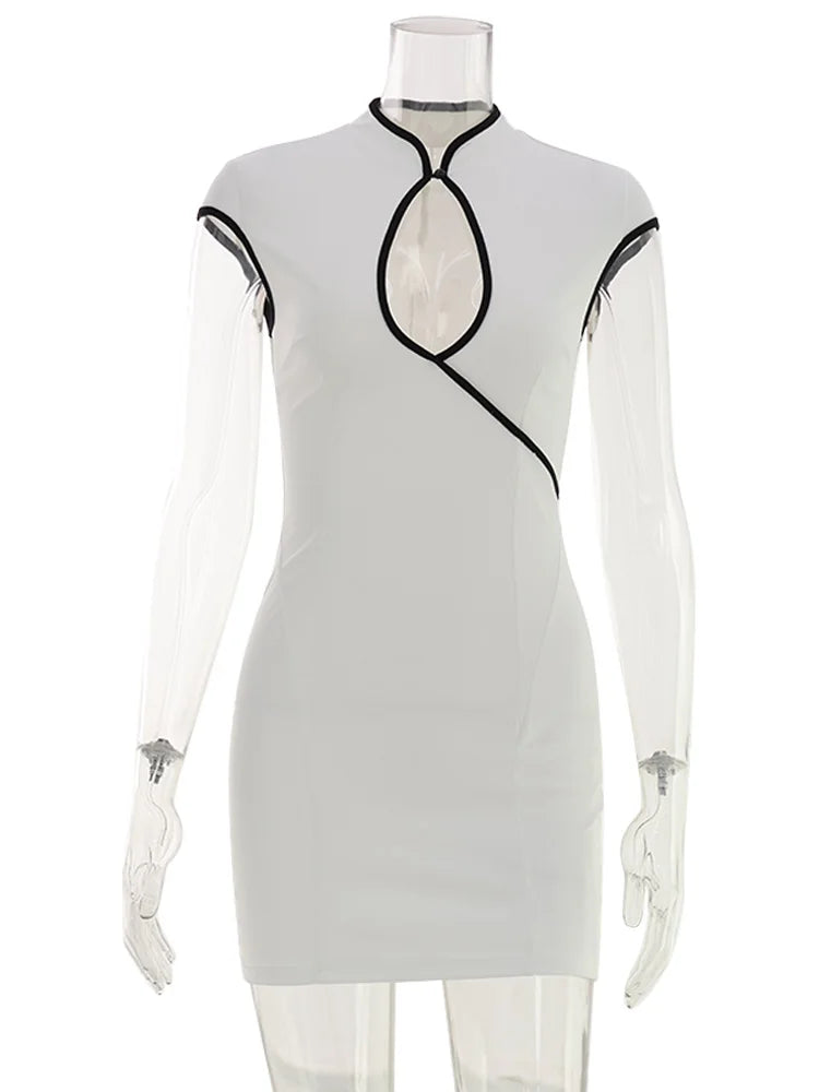 Women’s Color Block Mini Dress – Sleeveless Hollow-Out Slim-Fit Bodycon Sheath Dress, Casual Club & Street Style