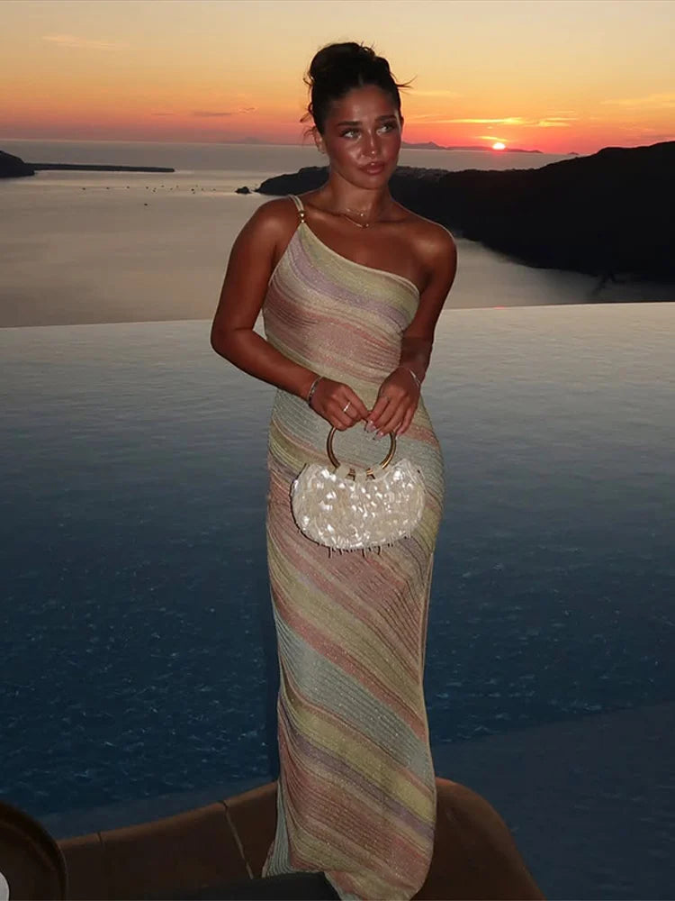 Elegant Printed Off-Shoulder Maxi Dress for Women – Sleeveless Slim-Fit Summer Vacation Dress
