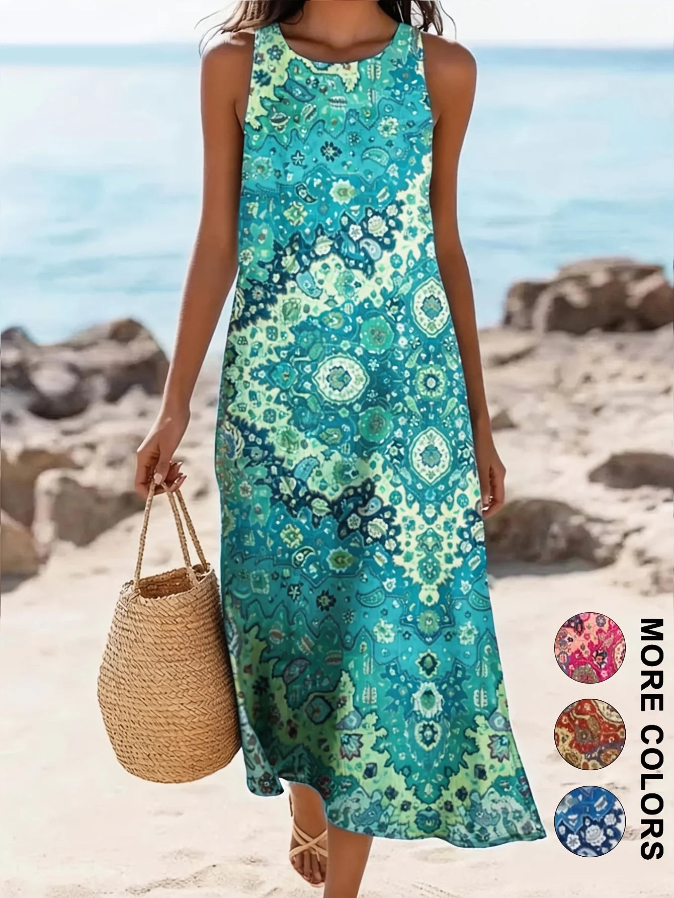 Women's Sleeveless Boho Floral Midi Sundress with Pockets – Casual Loose-Fit Beach Dress
