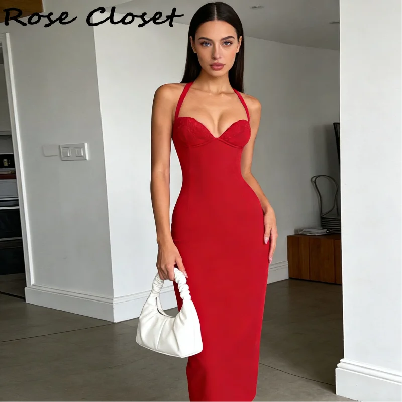 exy Halter Neck Midi Dress for Women – Adjustable Lace-Up Bodycon Evening Gown