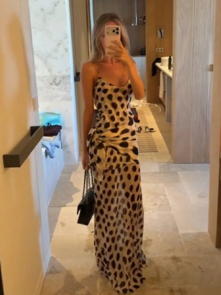Women's Animal Print Maxi Dress – V-Neck Ruched Drawstring Sleeveless Summer Dress