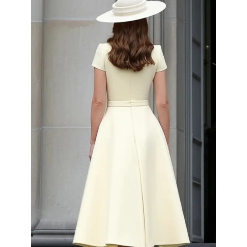 Formal Pleated Maxi Dress for Women – 2026 Spring/Summer Apricot Short-Sleeve High-Waist Elegant Bridal Guest Dress