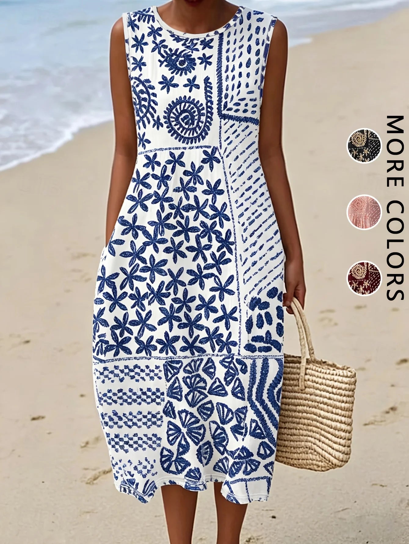 Women's Sleeveless Boho Floral Midi Sundress with Pockets – Casual Loose-Fit Beach Dress
