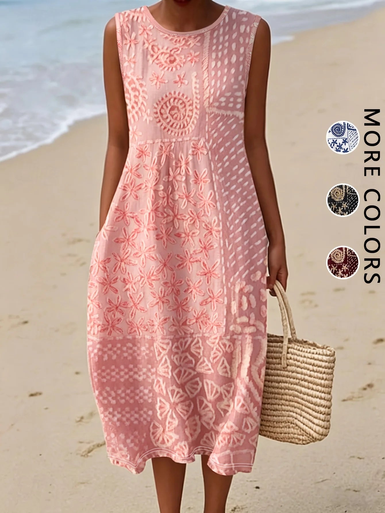 Women's Sleeveless Boho Floral Midi Sundress with Pockets – Casual Loose-Fit Beach Dress