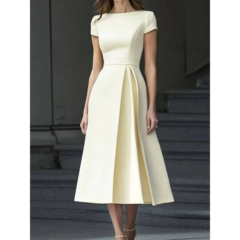 Formal Pleated Maxi Dress for Women – 2026 Spring/Summer Apricot Short-Sleeve High-Waist Elegant Bridal Guest Dress