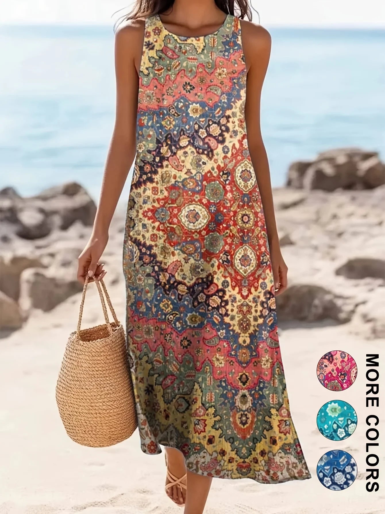 Women's Sleeveless Boho Floral Midi Sundress with Pockets – Casual Loose-Fit Beach Dress