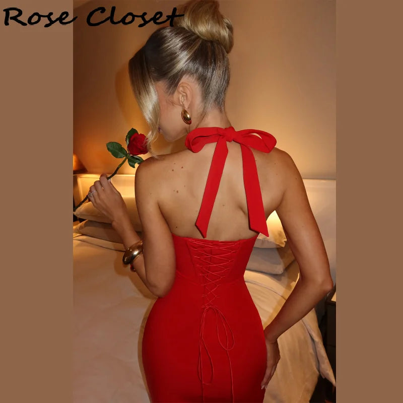 exy Halter Neck Midi Dress for Women – Adjustable Lace-Up Bodycon Evening Gown