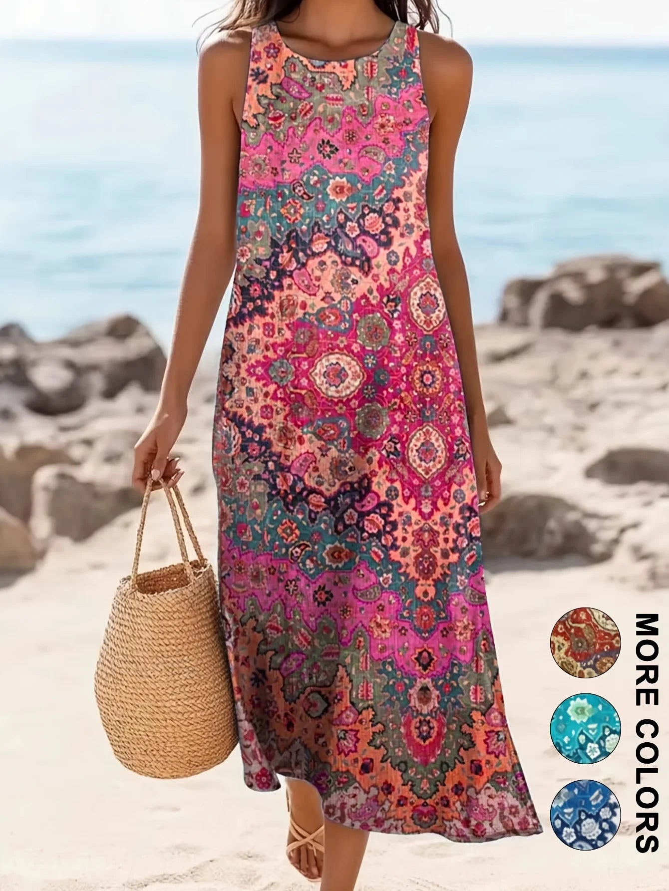 Women's Sleeveless Boho Floral Midi Sundress with Pockets – Casual Loose-Fit Beach Dress