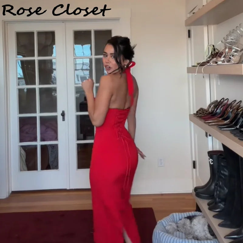 exy Halter Neck Midi Dress for Women – Adjustable Lace-Up Bodycon Evening Gown