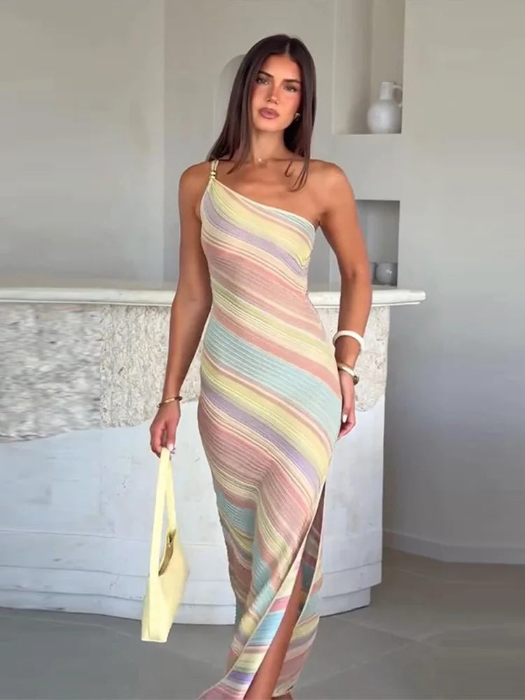 Elegant Printed Off-Shoulder Maxi Dress for Women – Sleeveless Slim-Fit Summer Vacation Dress