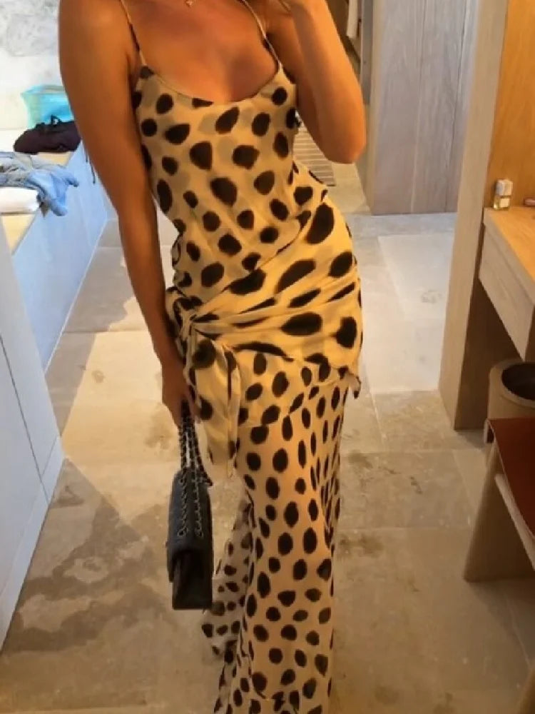 Women's Animal Print Maxi Dress – V-Neck Ruched Drawstring Sleeveless Summer Dress