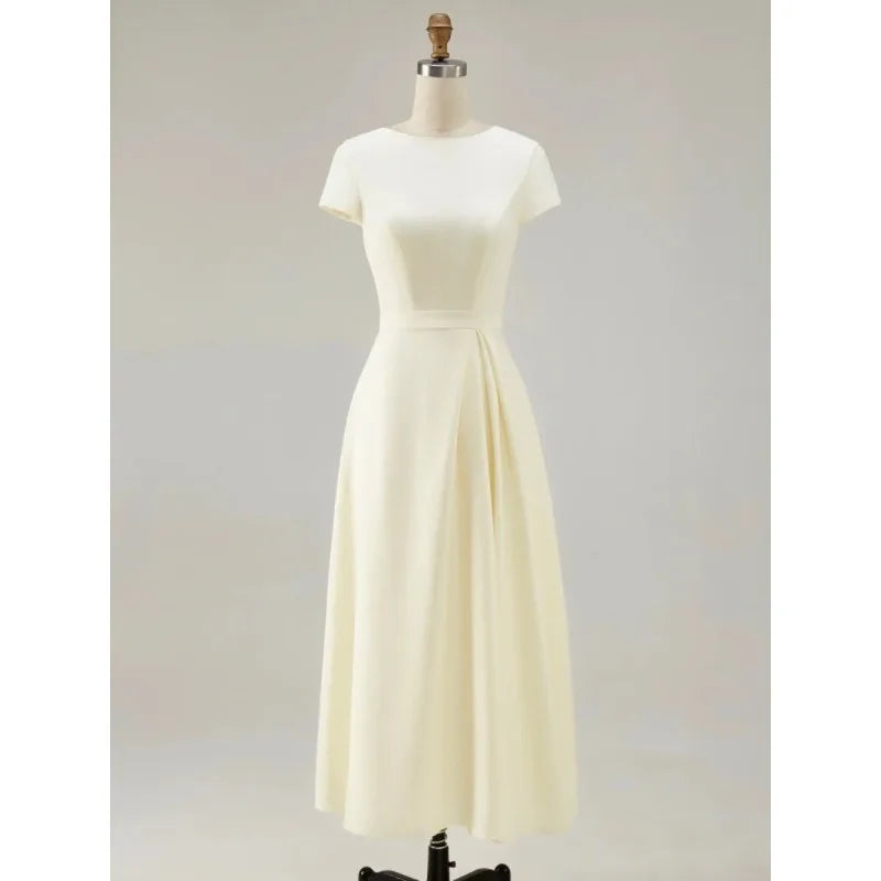Formal Pleated Maxi Dress for Women – 2026 Spring/Summer Apricot Short-Sleeve High-Waist Elegant Bridal Guest Dress