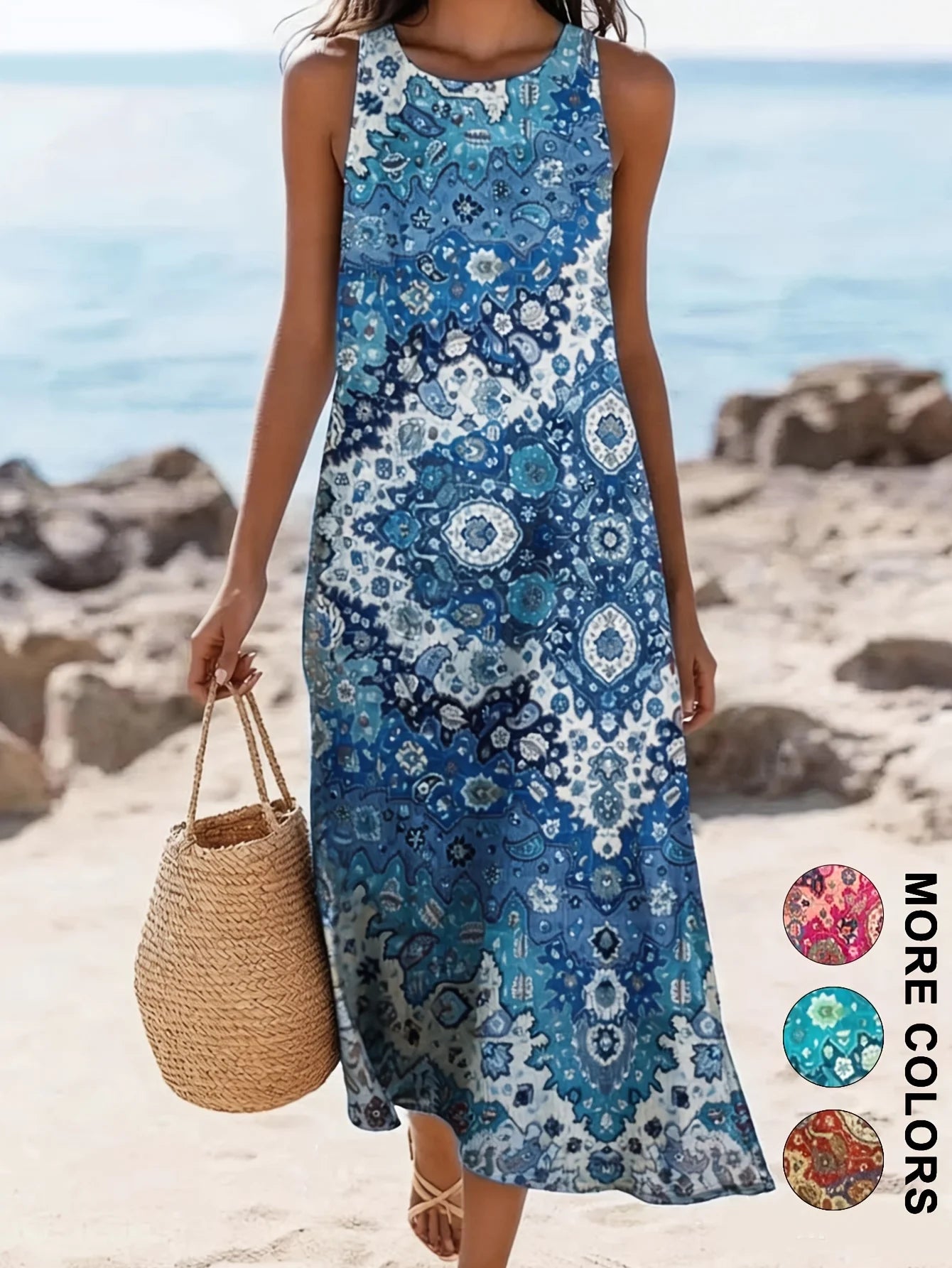 Women's Sleeveless Boho Floral Midi Sundress with Pockets – Casual Loose-Fit Beach Dress