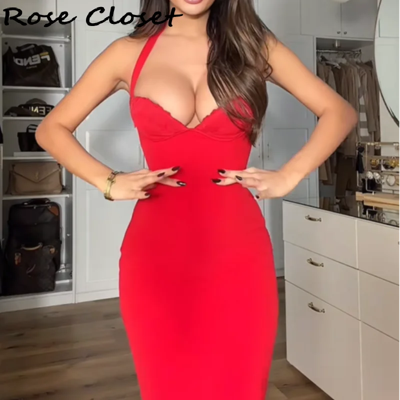 exy Halter Neck Midi Dress for Women – Adjustable Lace-Up Bodycon Evening Gown