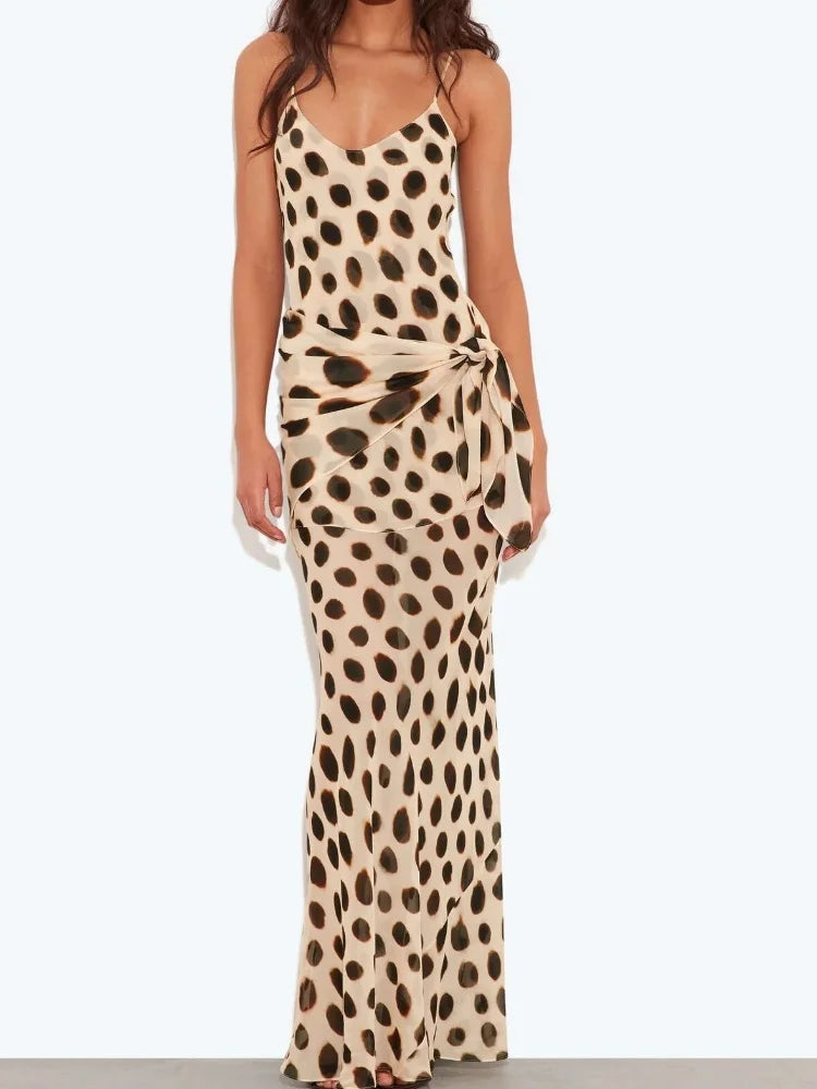 Women's Animal Print Maxi Dress – V-Neck Ruched Drawstring Sleeveless Summer Dress