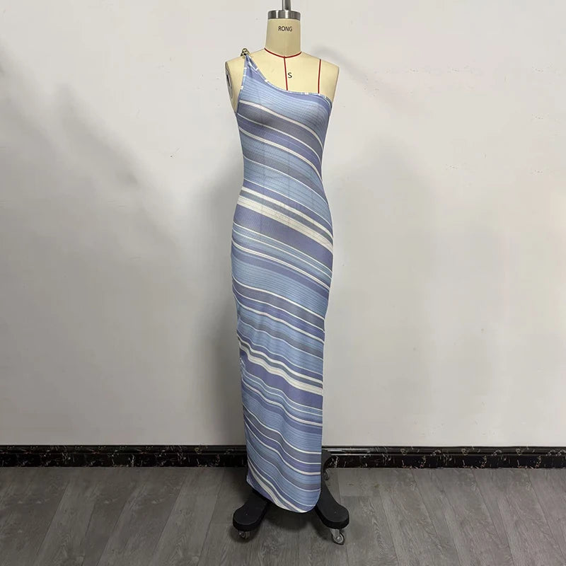 Elegant Printed Off-Shoulder Maxi Dress for Women – Sleeveless Slim-Fit Summer Vacation Dress
