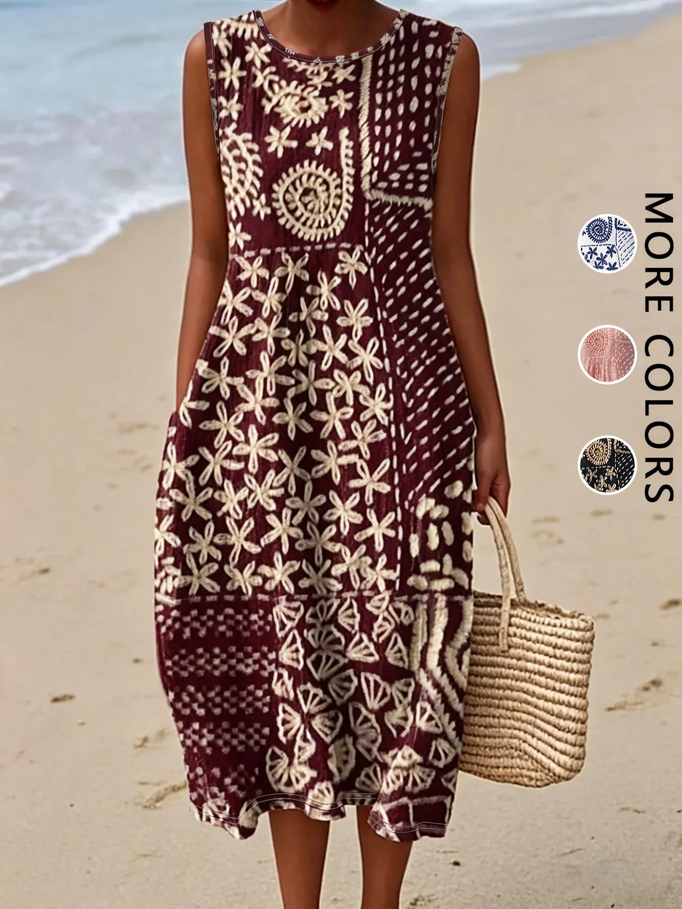 Women's Sleeveless Boho Floral Midi Sundress with Pockets – Casual Loose-Fit Beach Dress