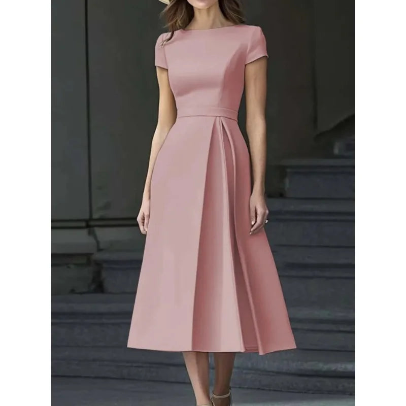 Formal Pleated Maxi Dress for Women – 2026 Spring/Summer Apricot Short-Sleeve High-Waist Elegant Bridal Guest Dress