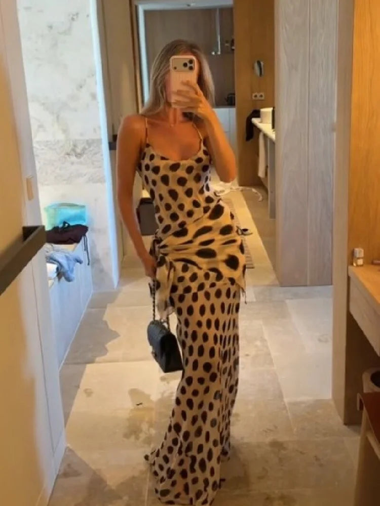 Women's Animal Print Maxi Dress – V-Neck Ruched Drawstring Sleeveless Summer Dress
